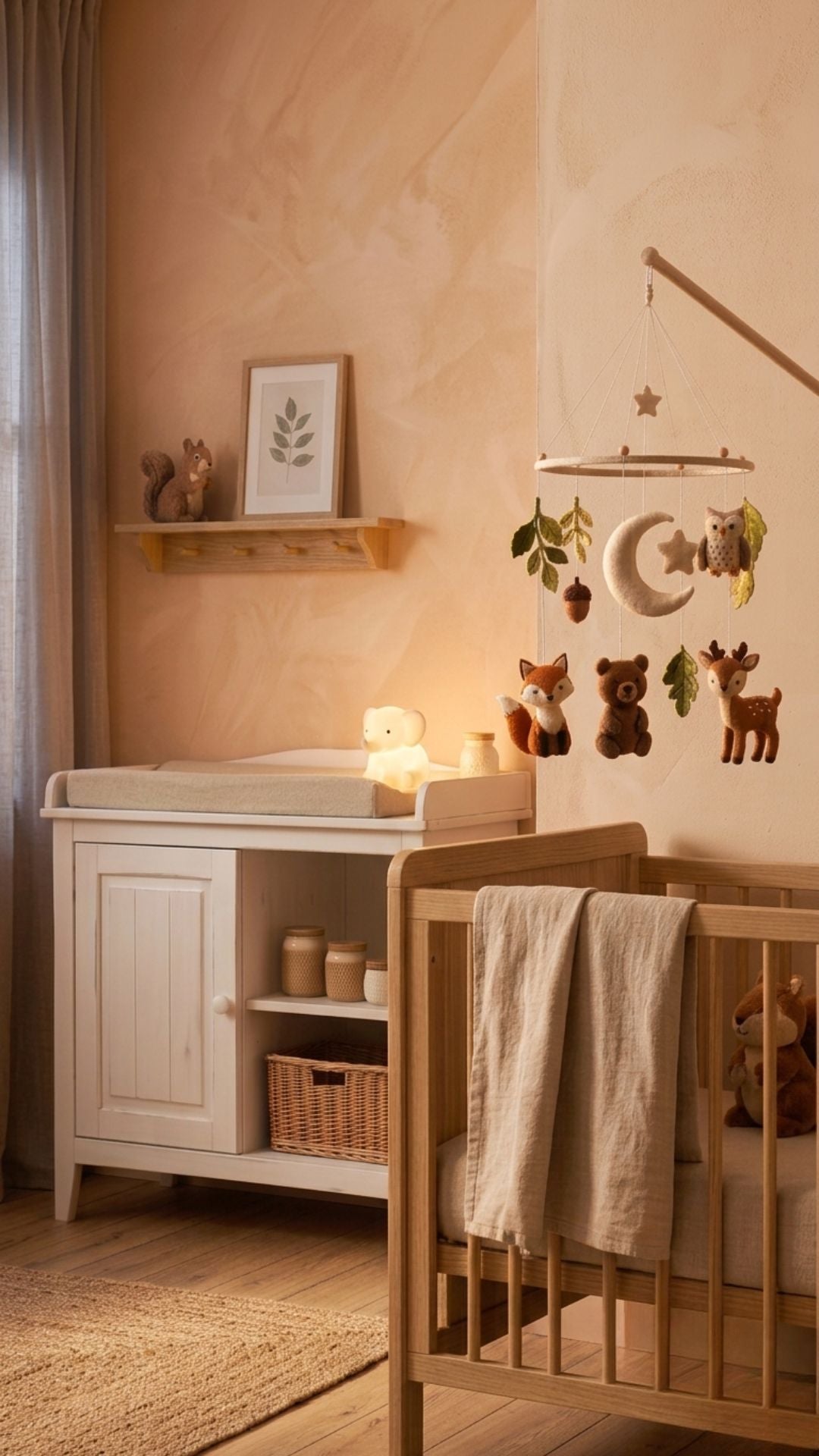 Rituel du coucher et sommeil du bébé chez Petit pas et maman avec un mobile forêt et une veilleuse douce sur mobile
