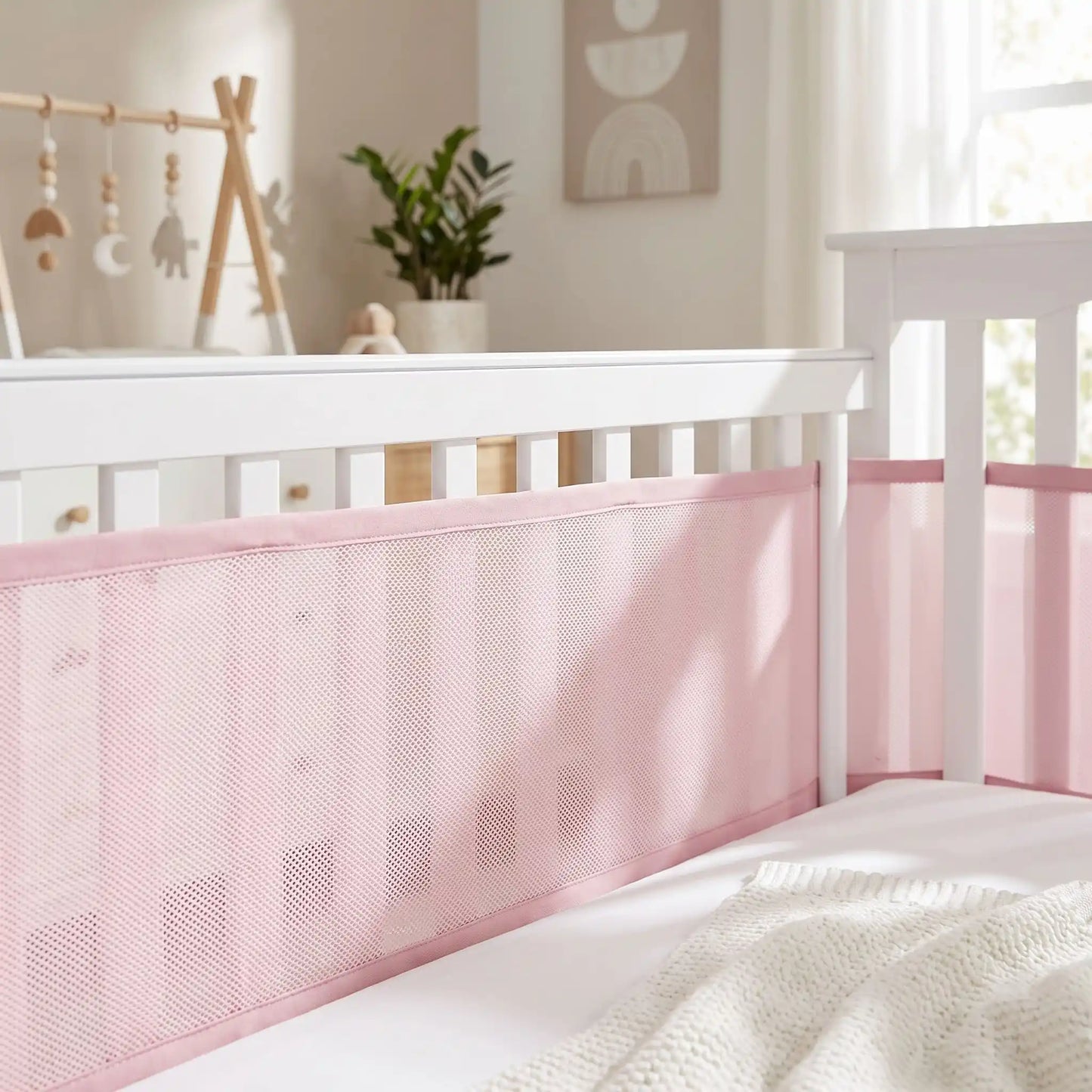 gros plan sur la maille d'un tour de lit respirant rose