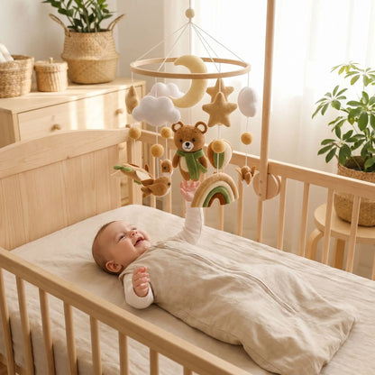 bébé qui sourit dans son lit et qui tente de toucher son mobile bébé artisanal certifié feutre en bois avec un ours et des oiseaux tout autour