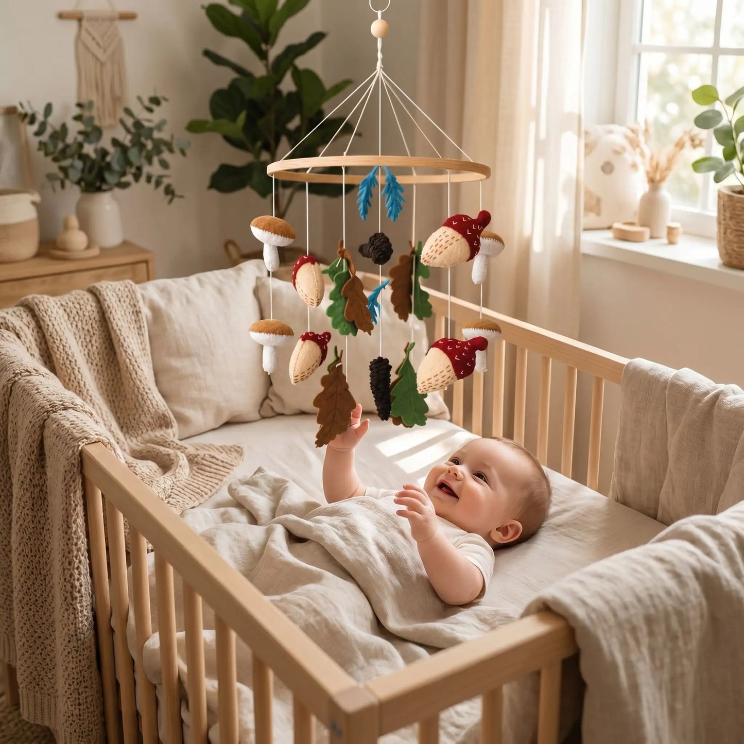 bébé dans son lit qui tente d'attraper son mobile bébé artisanal thème forêt avec des champignons des feuilles de chêne et des glands