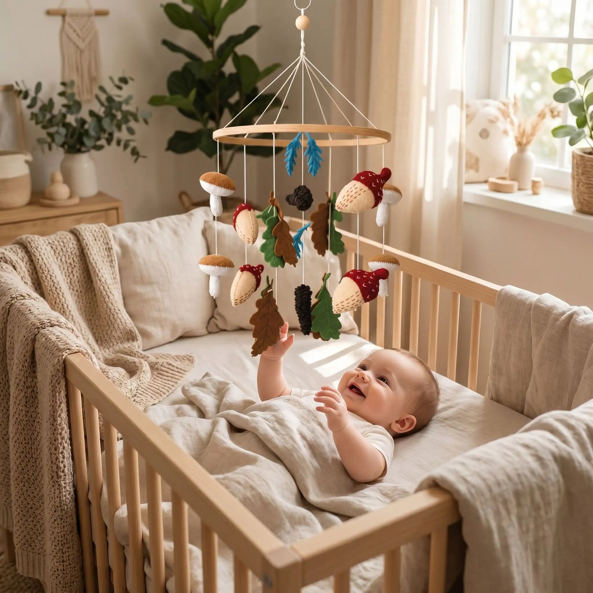 bébé dans son lit qui tente d'attraper son mobile bébé artisanal thème forêt avec des champignons des feuilles de chêne et des glands