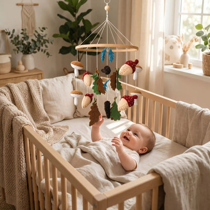 bébé dans son lit qui tente d'attraper son mobile bébé artisanal thème forêt avec des champignons des feuilles de chêne et des glands