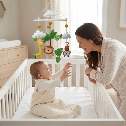 mobile bebe bois feutrine naturel lion singe