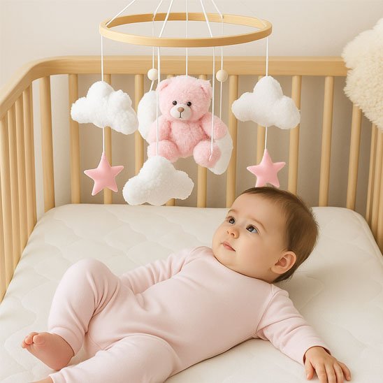 Mobile bebe bois naturel rose
