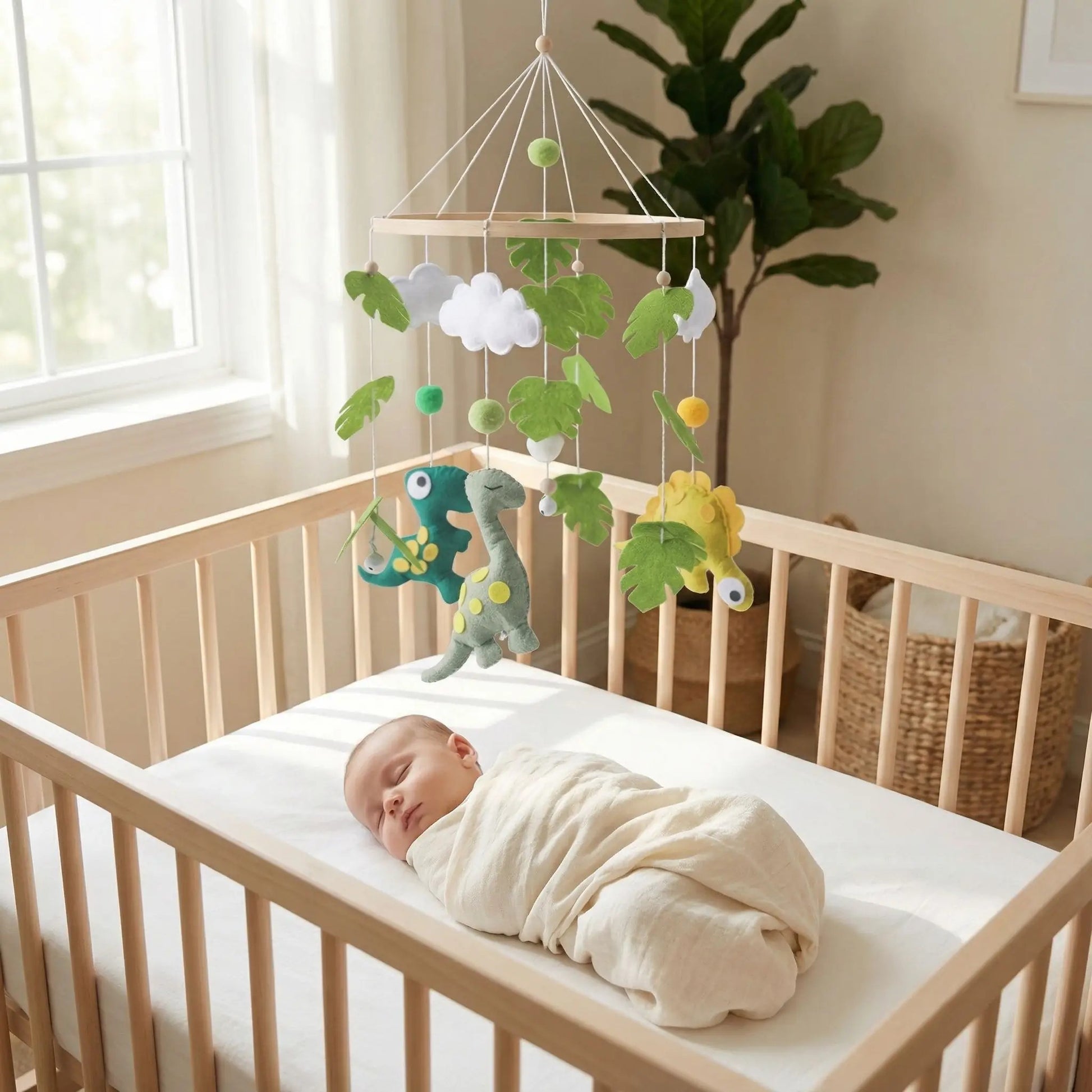 mobile bebe dinosaures accroché au lit avec un bebe qui dort