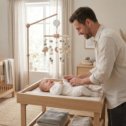 mobile bebe en bois lune grise