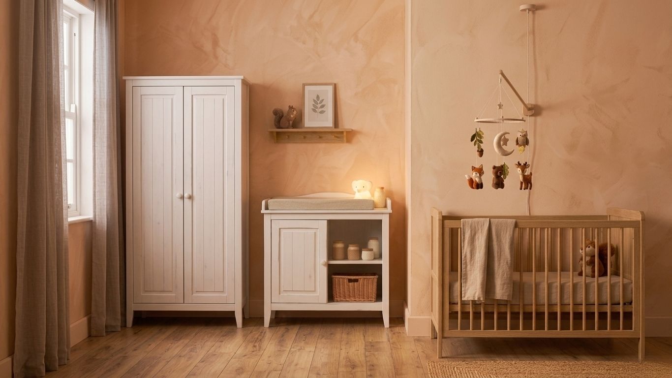 Ambiance nuit et sommeil du bébé par Petit pas et maman avec un mobile minimaliste éclairé par une veilleuse tamisée près du lit