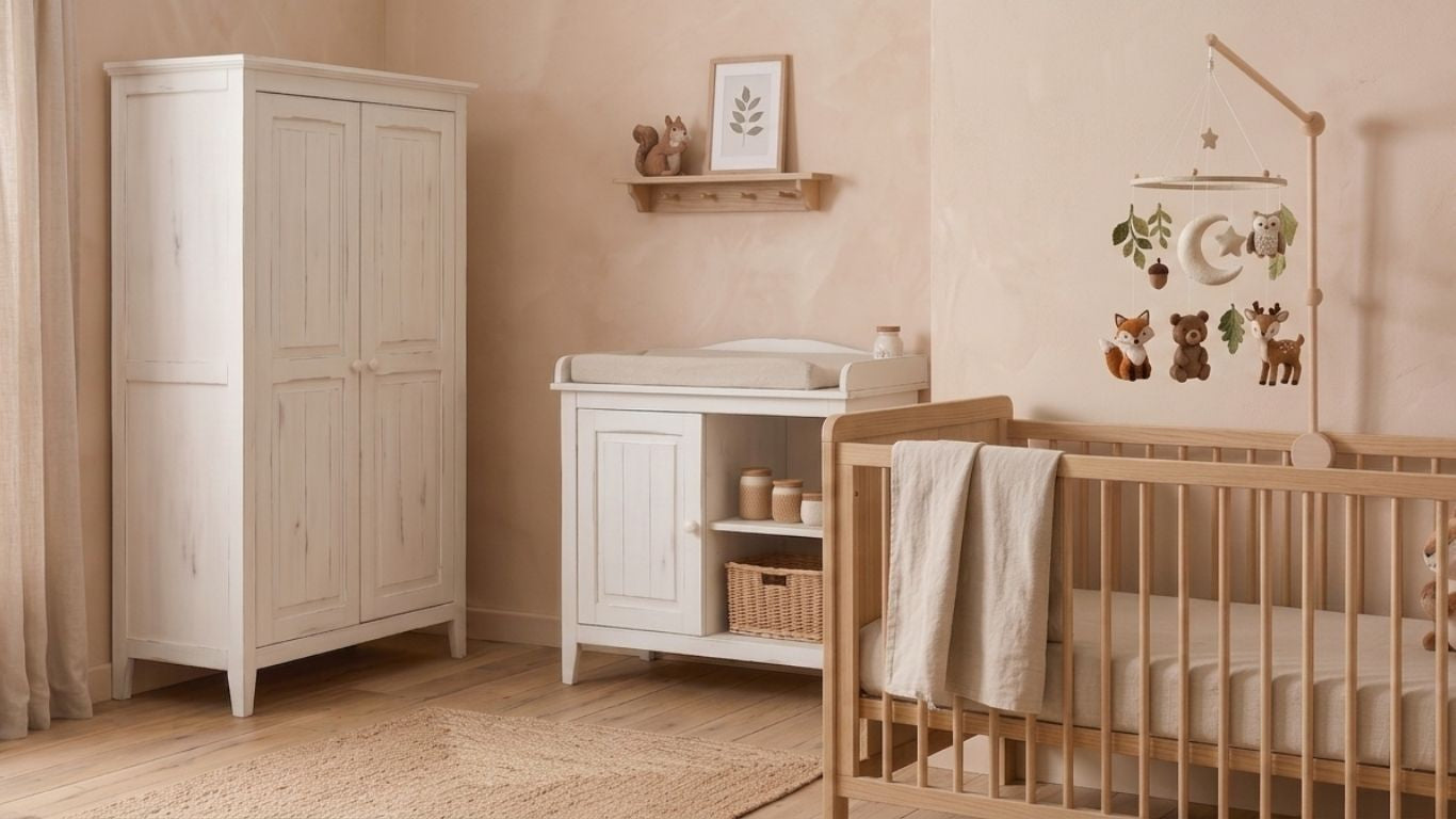 Mobile bébé sylvestre en bois et feutrine de la boutique Petit pas et maman, suspendu dans une chambre de nouveau-né au style épuré et chaleureux