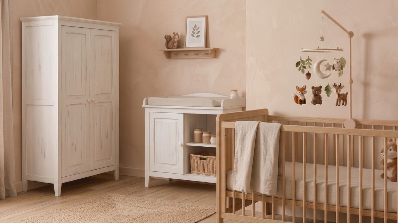 Mobile bébé en bois et feutrine thème forêt minimaliste avec figurines renard, ours et faon suspendu au-dessus d'un lit à barreaux en bois clair