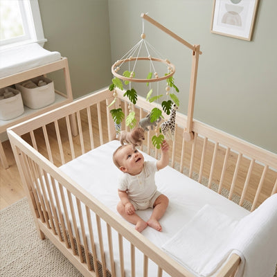 bébé dans son lit qui regarde le mobile bébé jungle avec support en bois au dessus de lui
