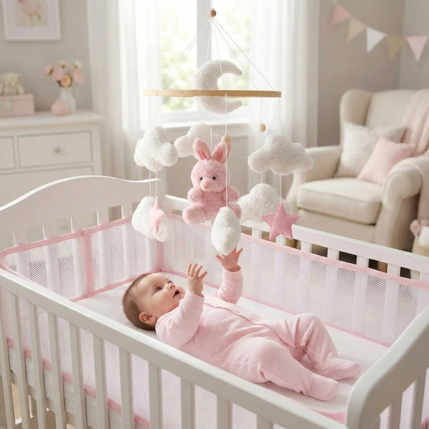 mobile bebe lapin rose