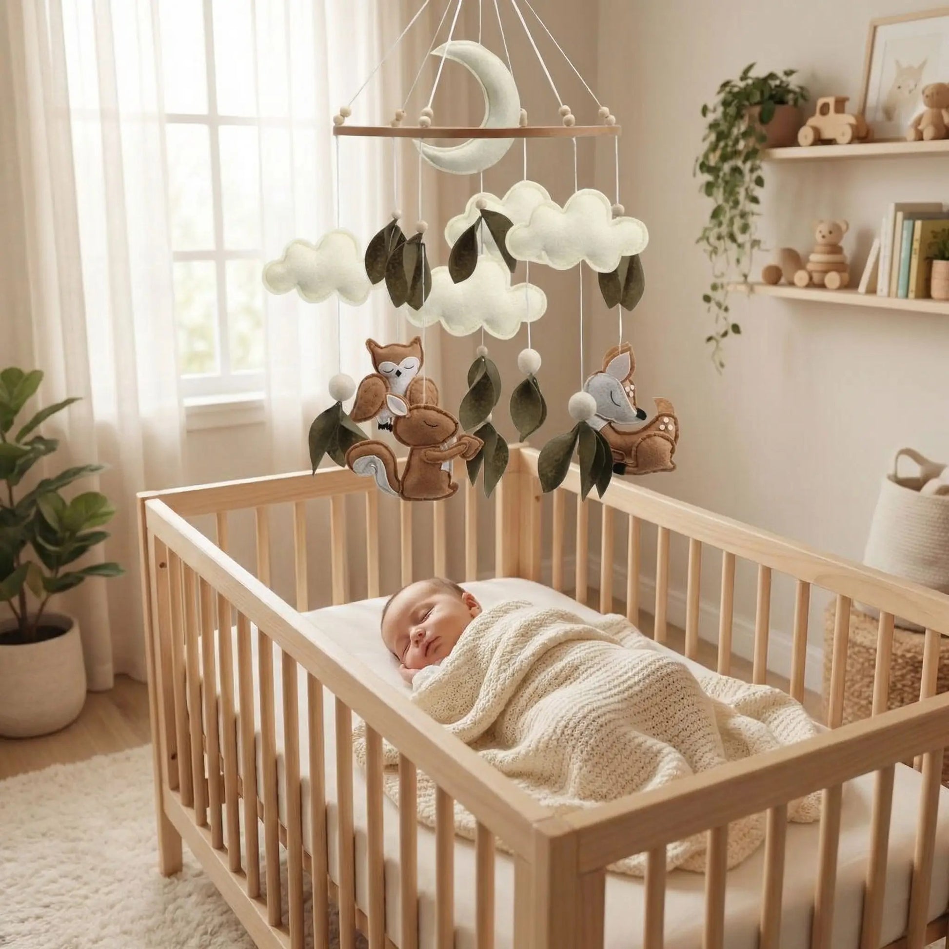 bébé qui dort dans son lit à barreaux avec un mobile bébé animaux de la forêt fixé au dessus de lui
