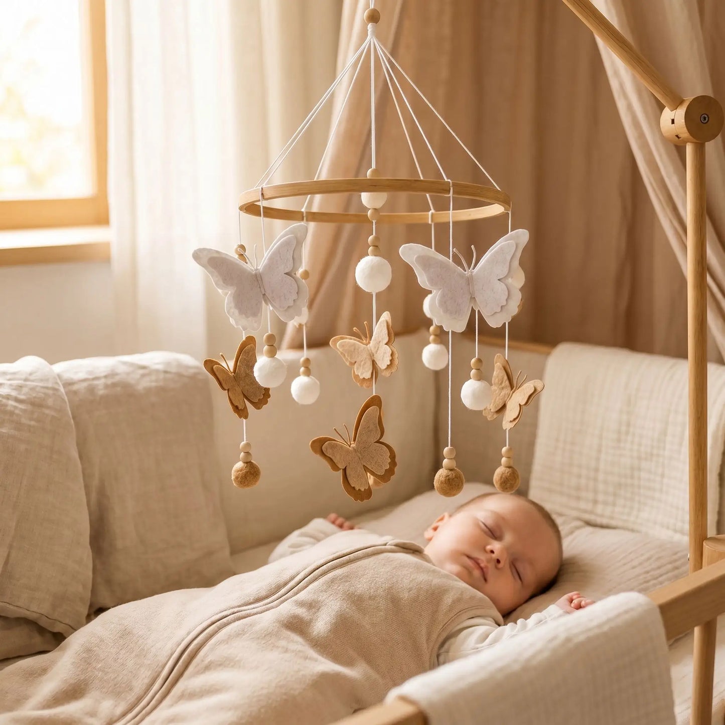 Mobile bébé papillon en bois au-dessus d'un berceau avec un nouveau-né qui dort paisiblement dans une gigoteuse en lin