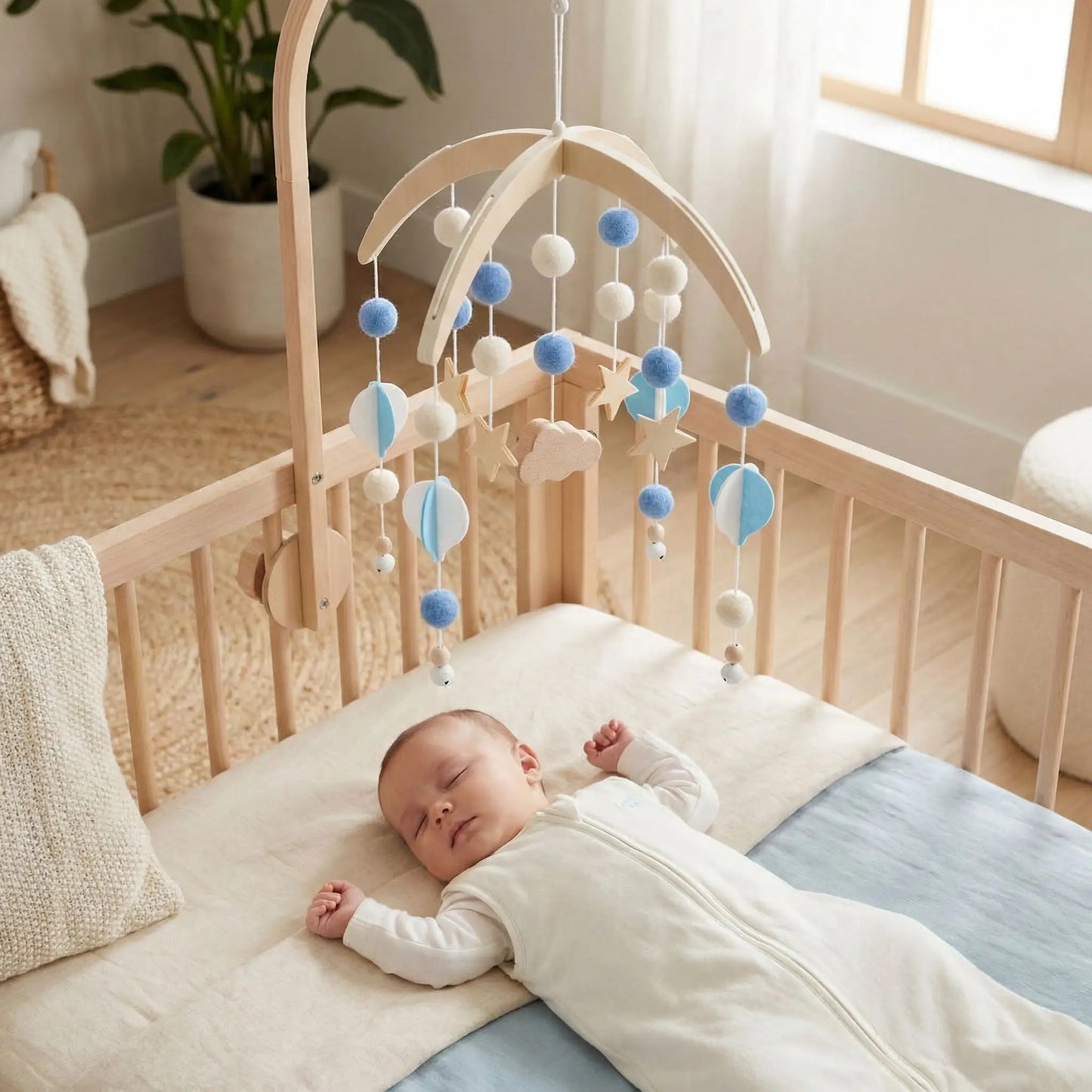 mobile en bois bebe ballon bleu