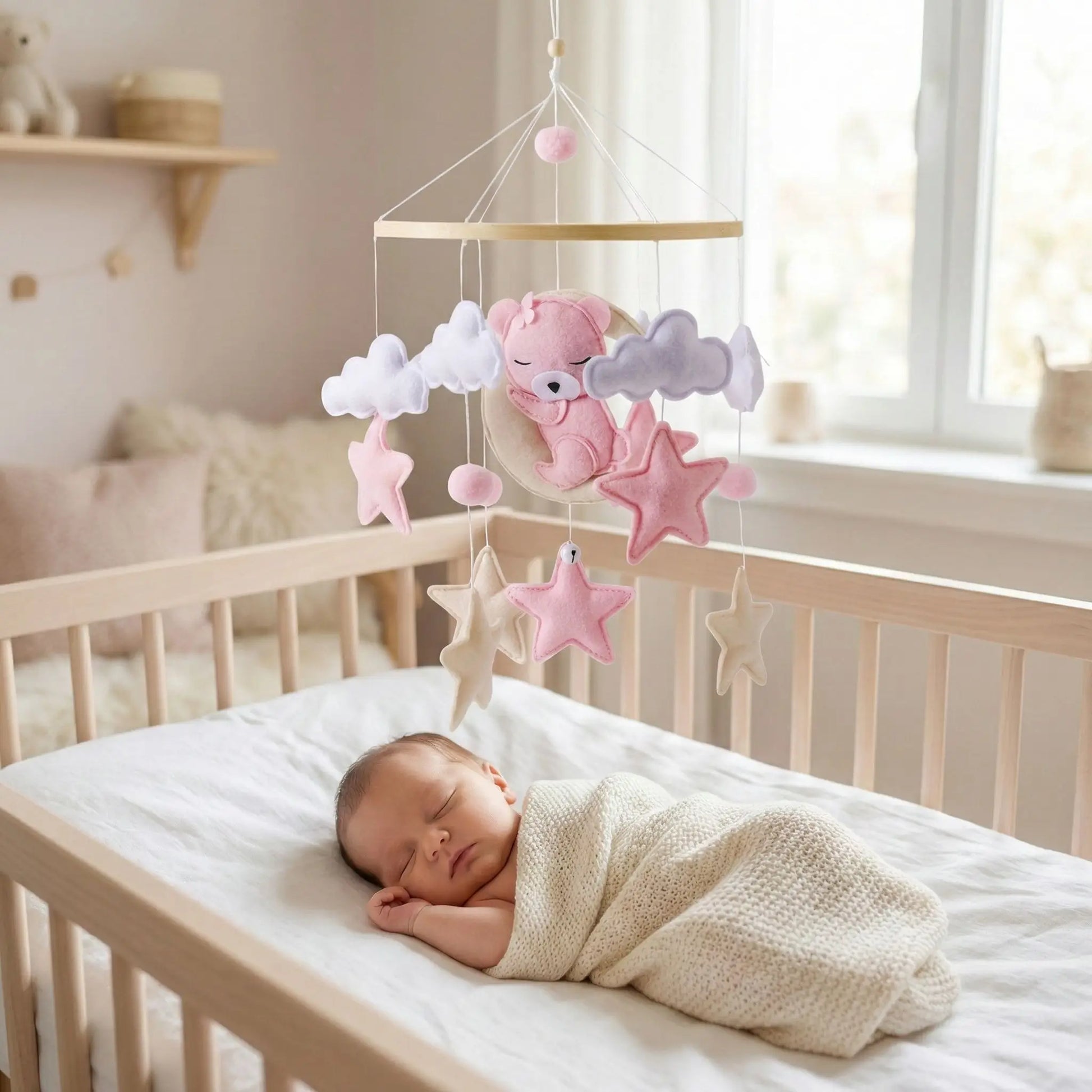 mobile musical bébé fille rose blanc ours
