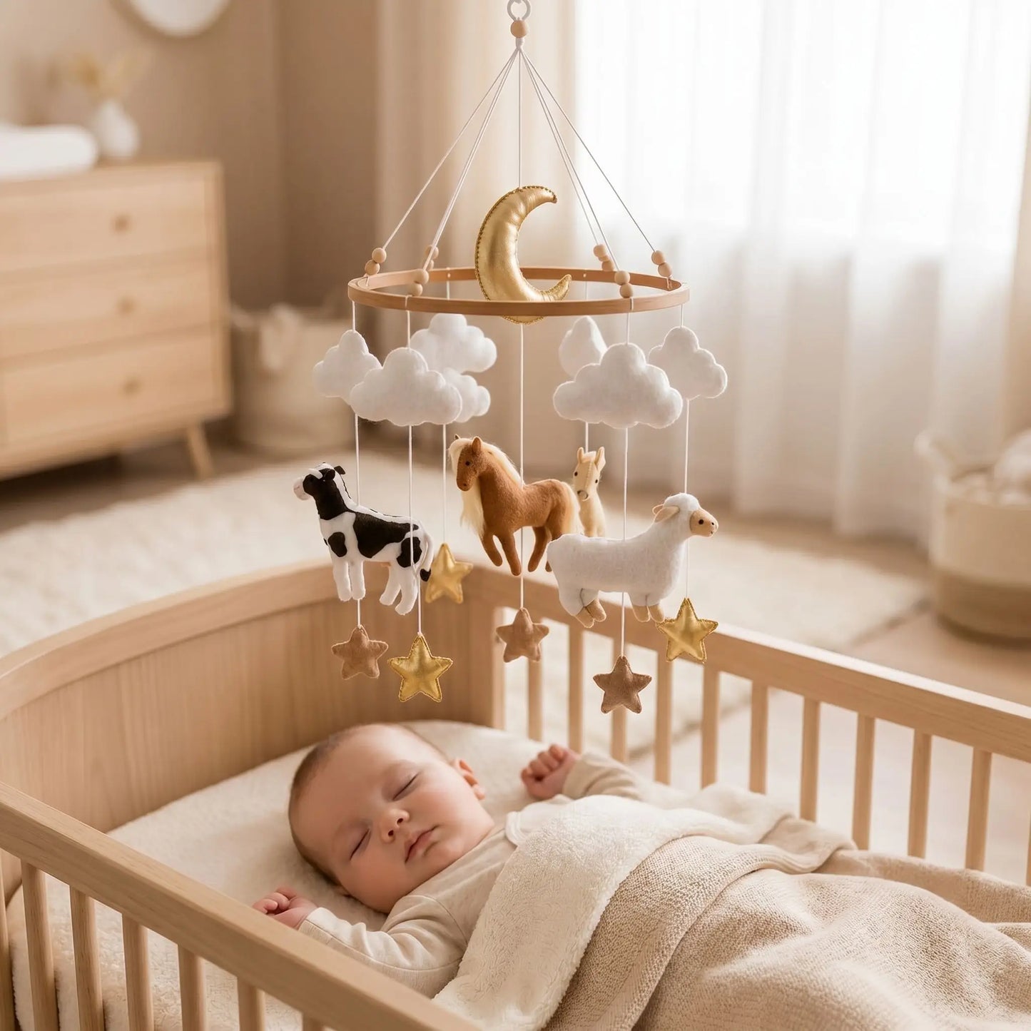 bébé dormant paisiblement dans son lit avec un mobile musical bébé animaux de la ferme vache mouton artisanal