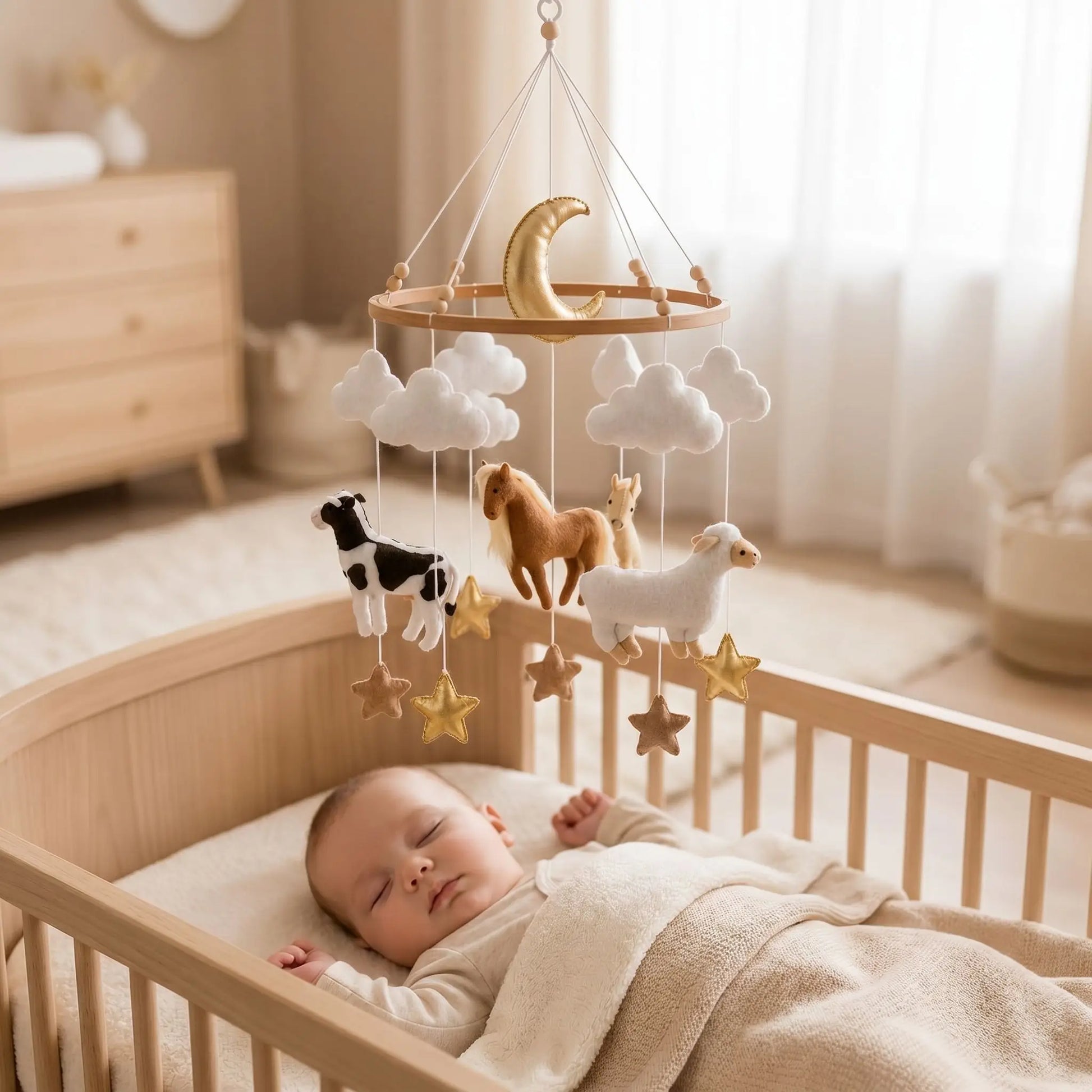 bébé dormant paisiblement dans son lit avec un mobile musical bébé animaux de la ferme vache mouton artisanal