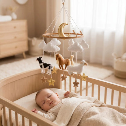 bébé dormant paisiblement dans son lit avec un mobile musical bébé animaux de la ferme vache mouton artisanal
