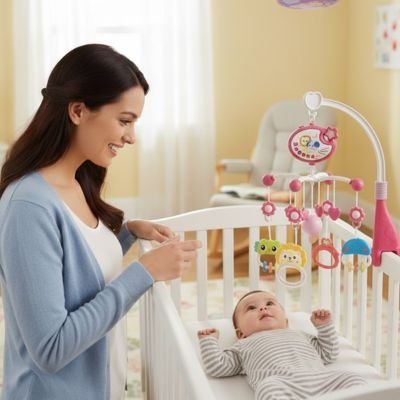 Mobile musical bébé rose avec projection lumineuse