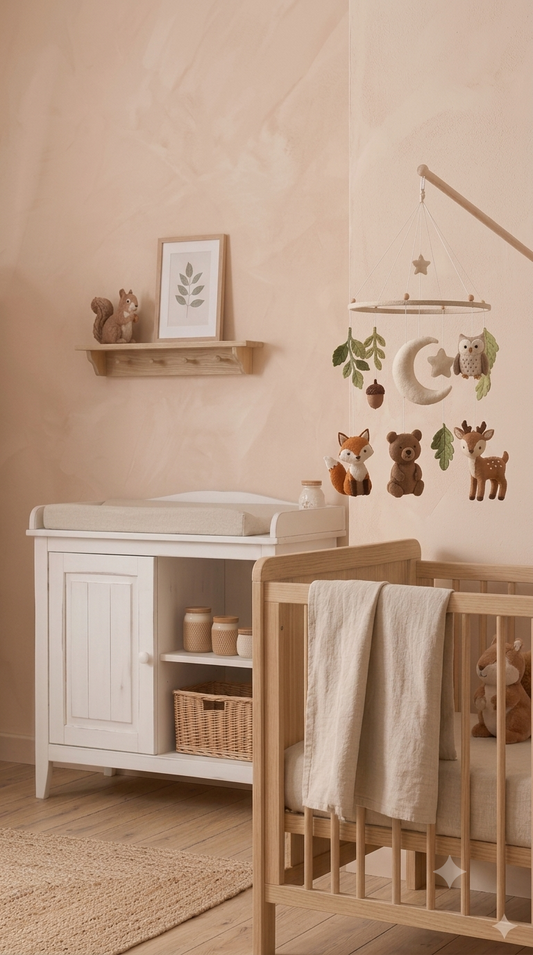 Ambiance douce et apaisante pour le sommeil du bébé avec un mobile musical minimaliste au-dessus d'un lit à barreaux en bois