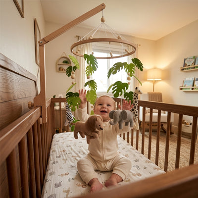 dans une chambre bébé dans son lit qui regarde en souriant et en levant les bras son mobile pour bébé avec animaux de la jungle