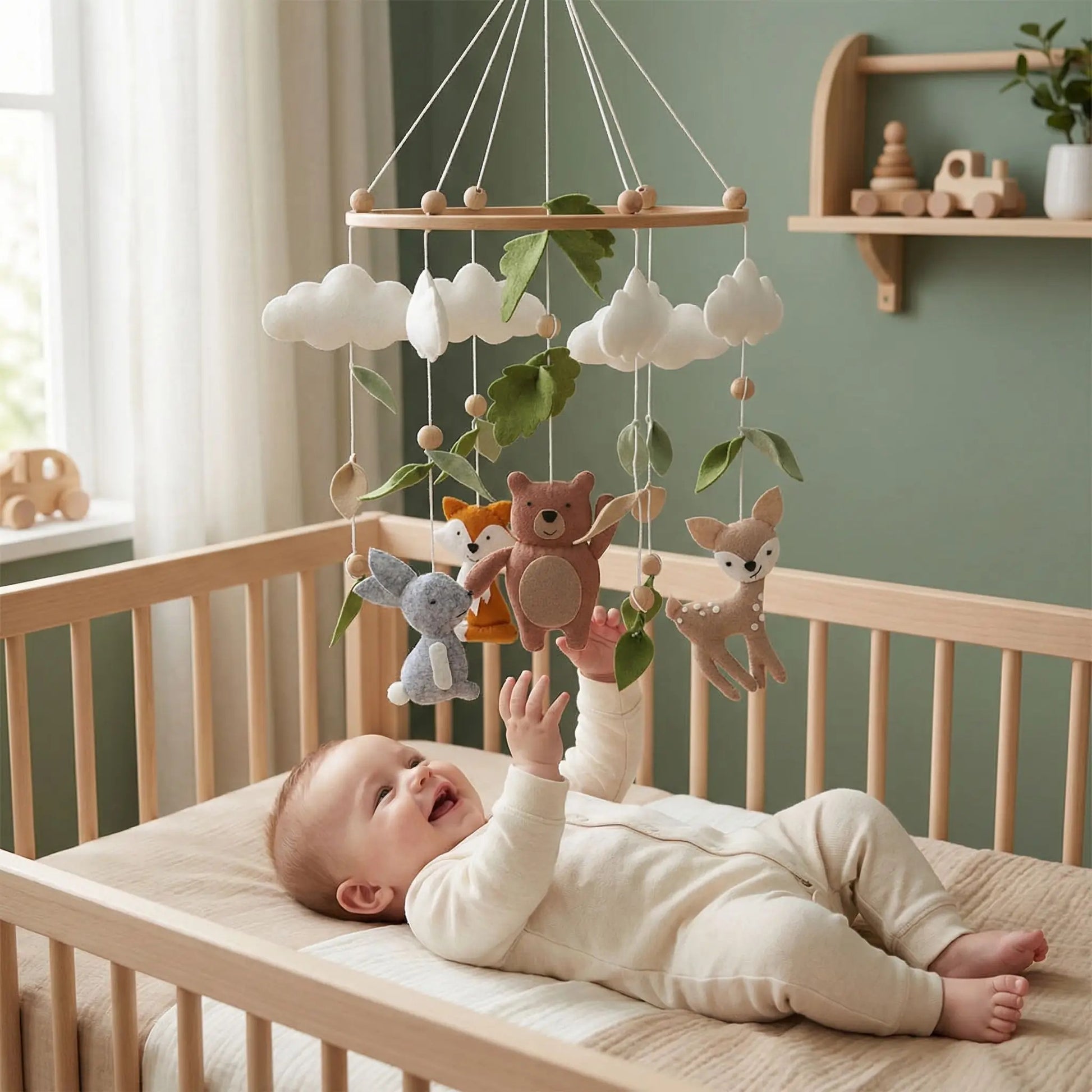 Mobile pour lit bébé en feutrine avec figurines ours, renard, faon et lapin suspendues sous des nuages