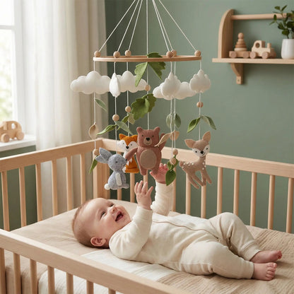 Mobile pour lit bébé en feutrine avec figurines ours, renard, faon et lapin suspendues sous des nuages