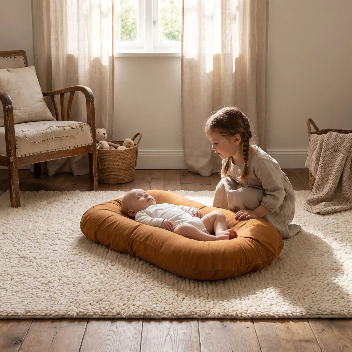 Bébé endormi dans son nid cocon respirant brun cacao posé sur un grand tapis de salon, surveillé tendrement par sa grande sœur. Une solution idéale pour les siestes en journée.