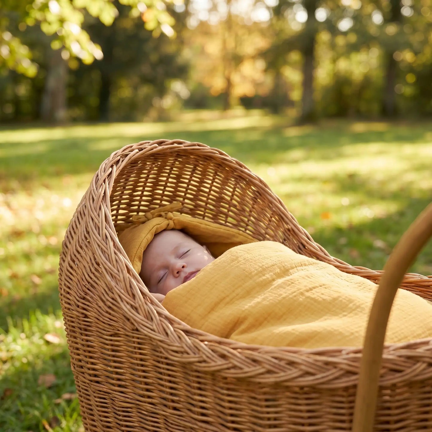 bébé dans un landeau en osier qui dort dans un nid d'ange bébé en coton bio Tog 2 couleur miel