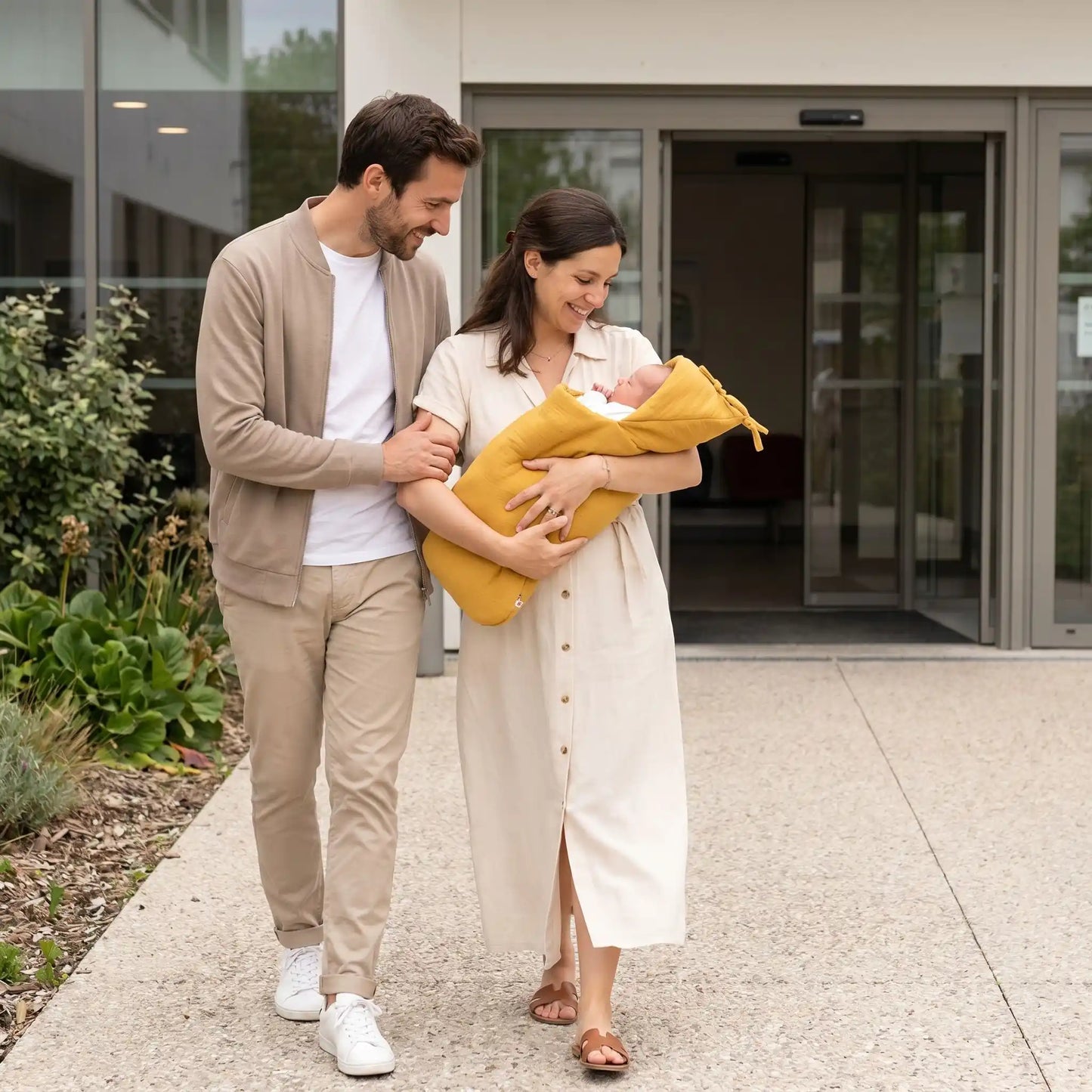 parents qui sortent de la maternité avec un nouveau-né dans un nid d'ange bébé 0-6 mois