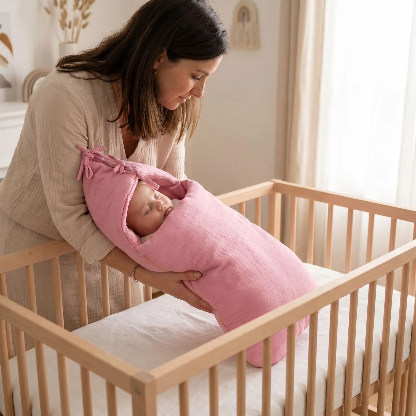 maman qui dépose son bébé endormi enveloppé d'un nid d'ange hypoallergénique rose en coton bio dans son lit
