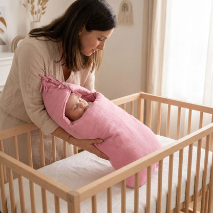 maman qui dépose son bébé endormi enveloppé d'un nid d'ange hypoallergénique rose en coton bio dans son lit