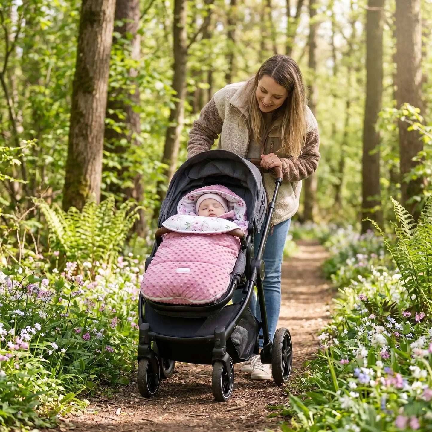 maman qui promène son bébé enveloppé d'un nid d'ange universel pour bébés de 0 à 3 mois en poussette dans une forêt