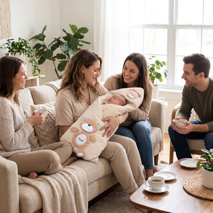 Maman berçant son bébé au salon dans un nid d'ange cocon d'hiver avec patch ourson en relief
