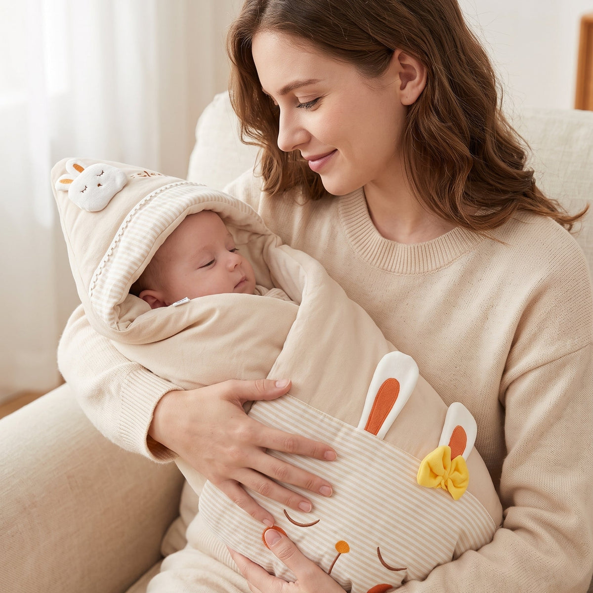 Maman tenant son nouveau-né emmailloté dans le nid d'ange naissance d'hiver en coton naturel avec motif lapin
