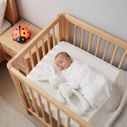 Nouveau-né emmailloté dormant paisiblement dans son lit à barreaux à côté de son doudou lapin blanc réconfortant.