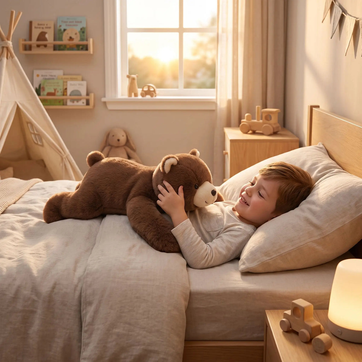 petit garçon dans son lit avec sa peluche doudou lestée enfant ours brun 