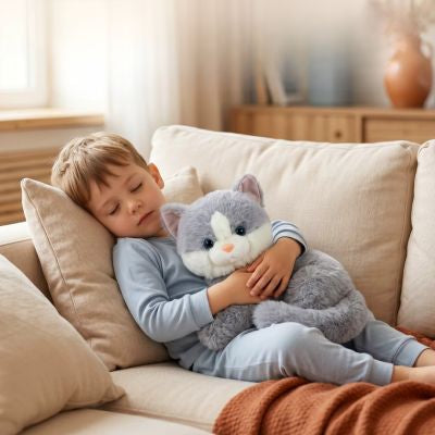 enfant qui dort avec sa peluche lestée chat gris pour apaiser l'anxiété