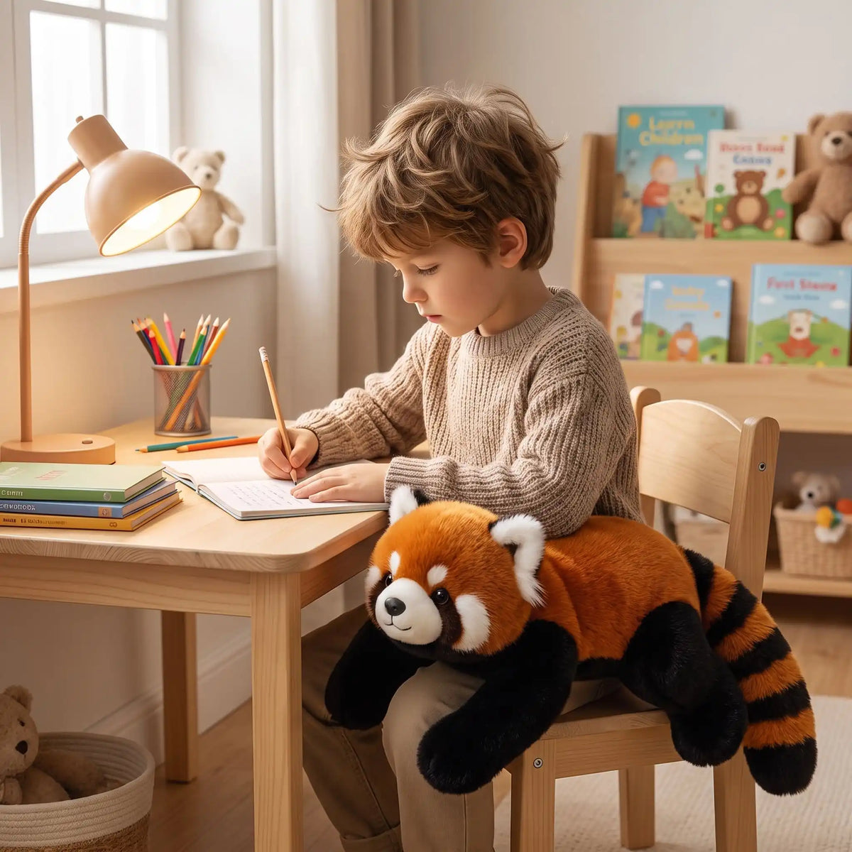 Enfant concentré faisant ses devoirs à son bureau, avec une peluche lestée apaisante sur les genoux pour réduire l'agitation