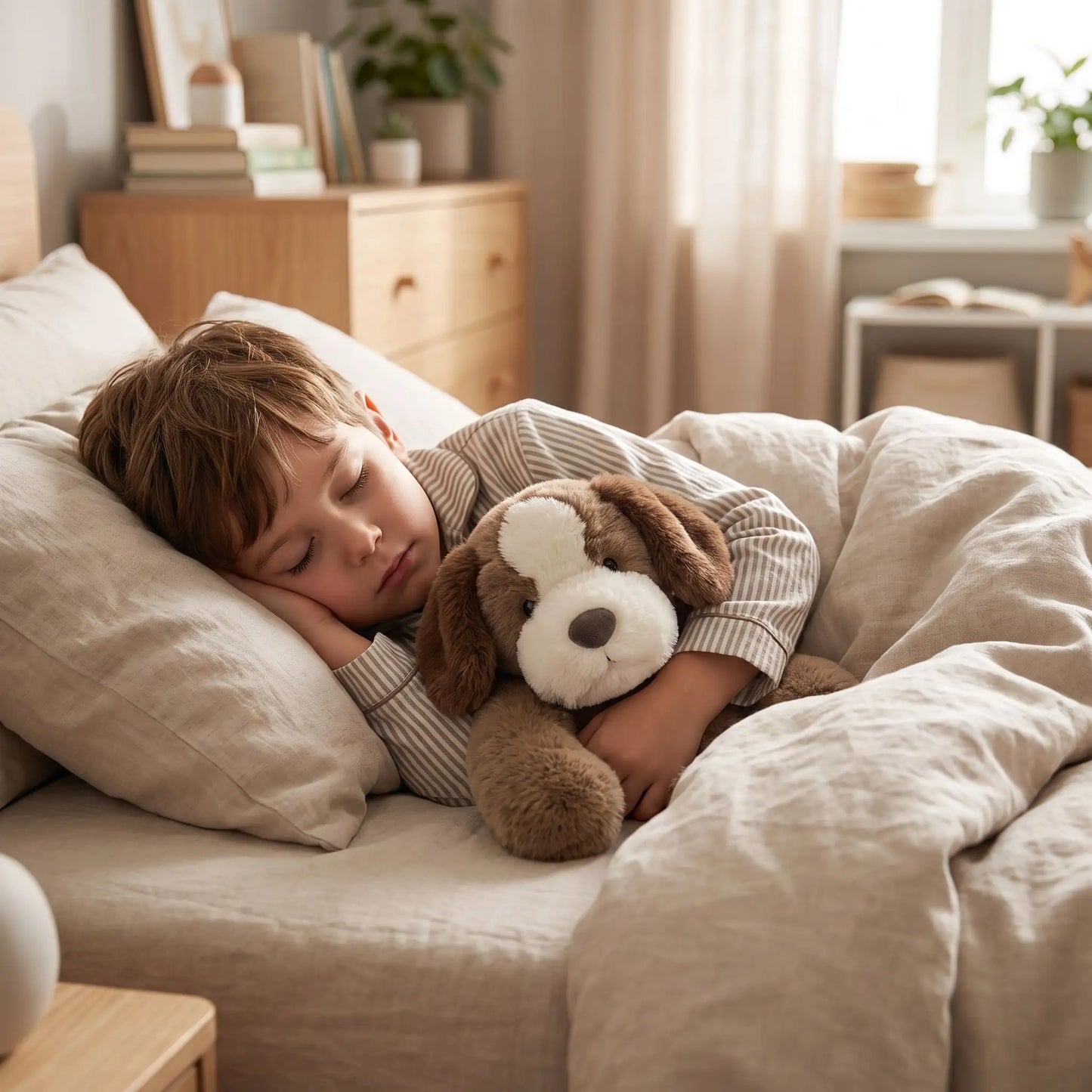 enfant qui sert contre lui sa peluche lestée chien 65 cm 