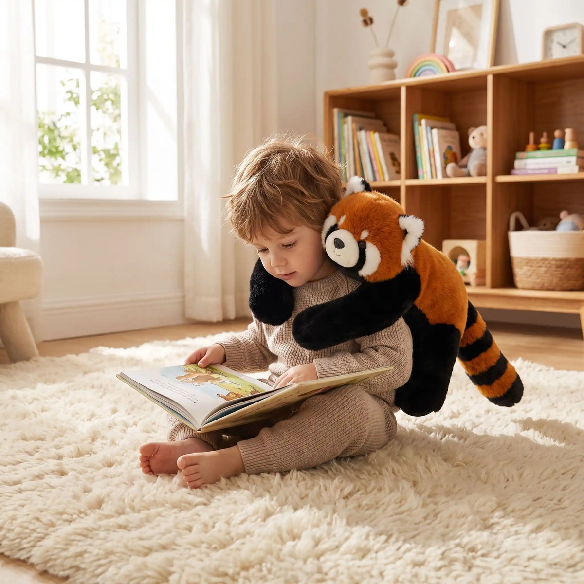 Petit garçon détendu lisant un livre sur un tapis, avec une peluche lestée réconfortante en forme de panda roux posée sur ses épaules