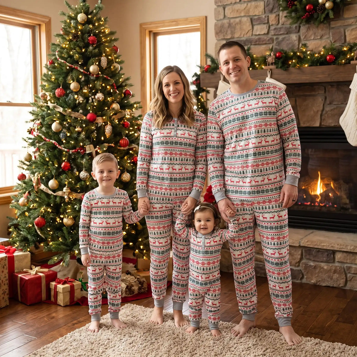 une famille au complet devant une cheminée et un sapin de noel habillée avec le même pyjama assorti pour toute la famille noel en blanc