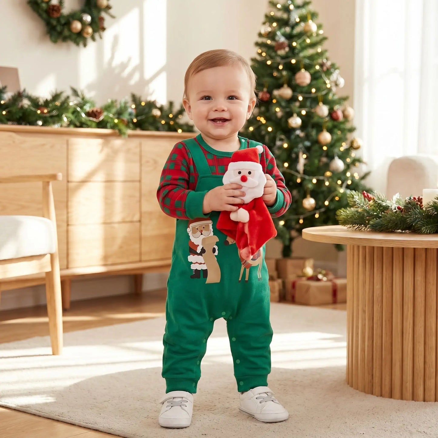 bébé qui sourit debout avec un doudou dans les mains avec un pyjama barboteuse noël bébé motif rennes et père noël