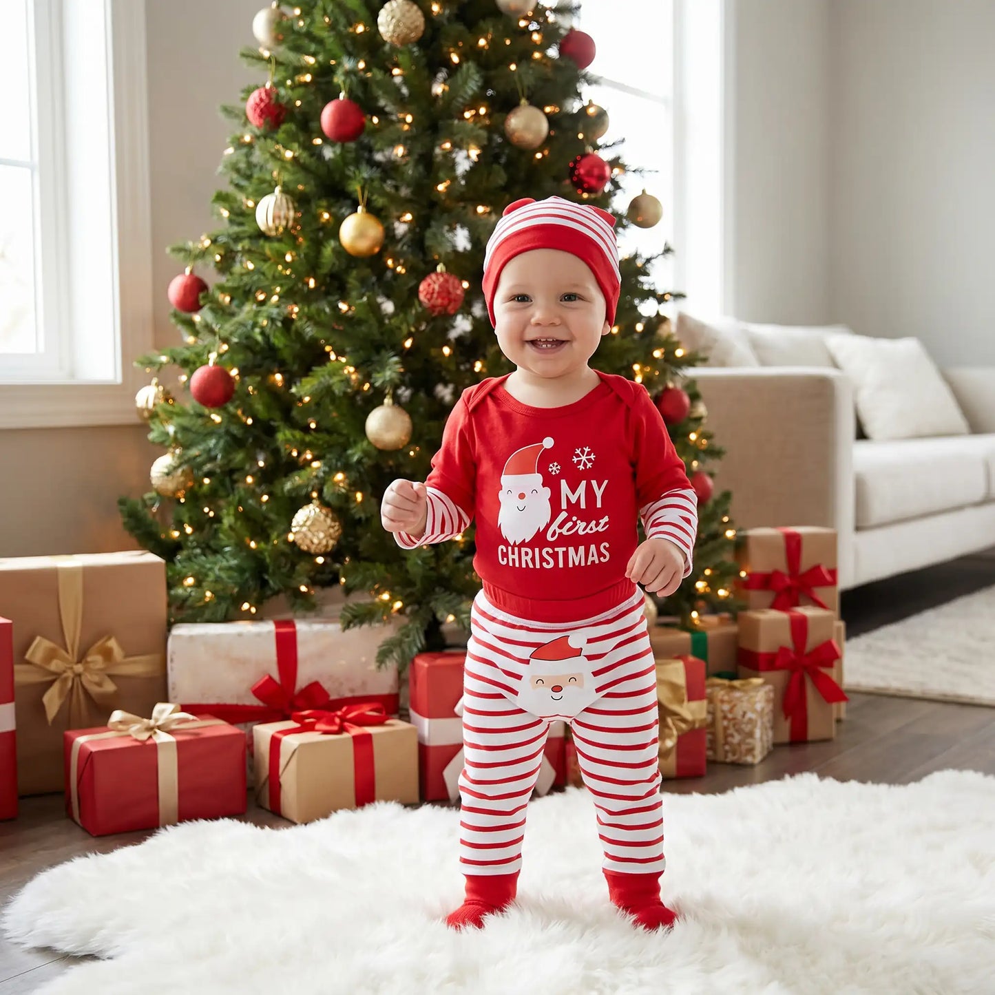 pyjama bebe noel garcon porté par un petit garcon debout qui sourit devant un sapin de noël
