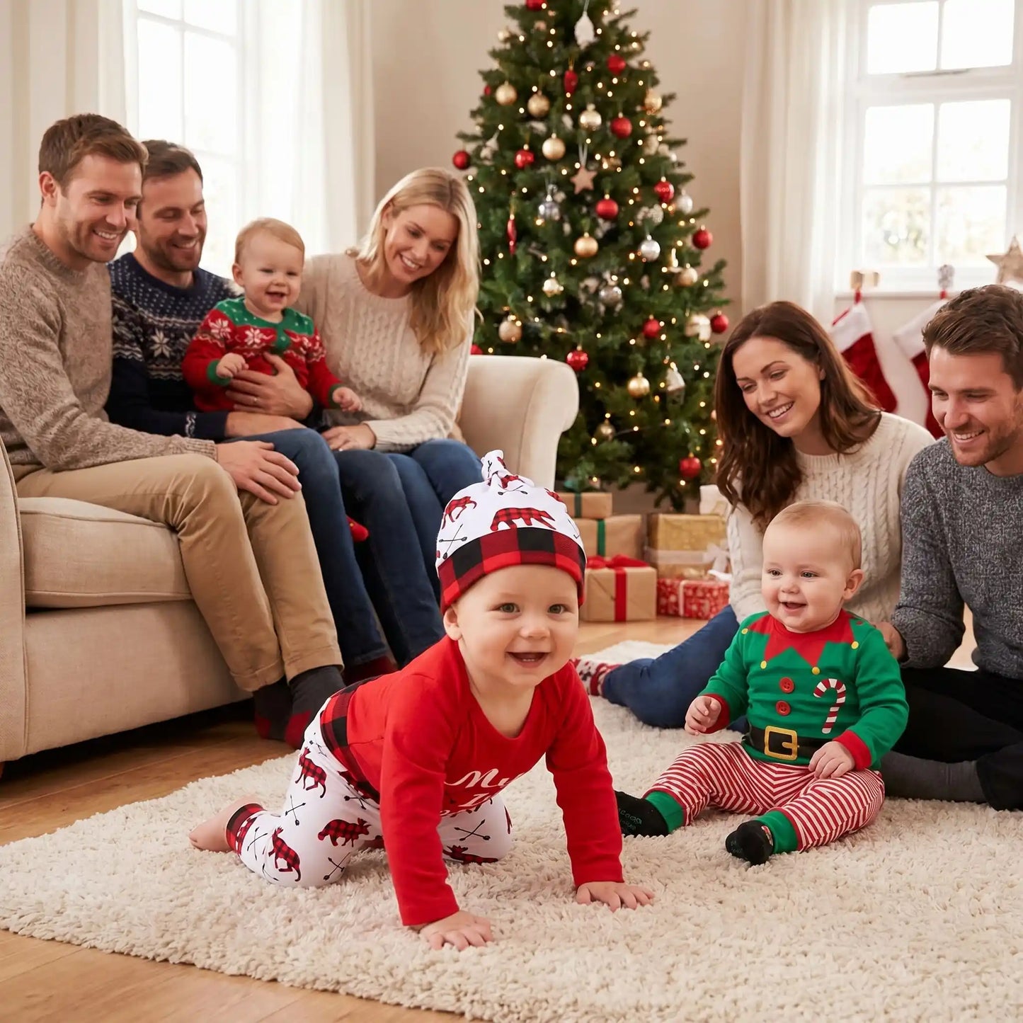bébé à 4 pattes qui sourit habillé de son pyjama de noel bebe carreaux rennes coton 