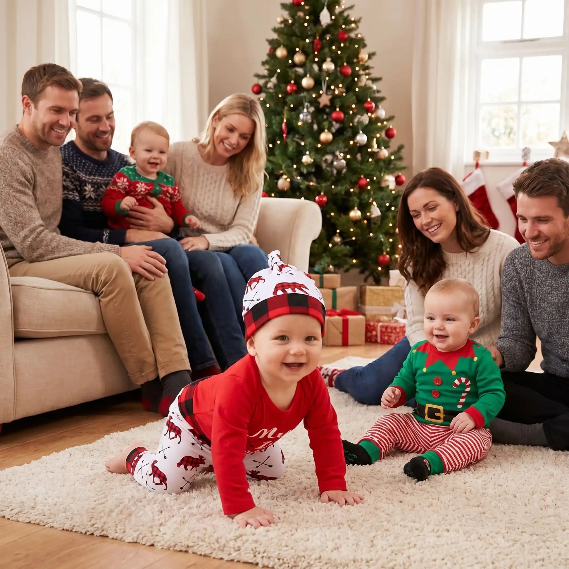 bébé à 4 pattes qui sourit habillé de son pyjama de noel bebe carreaux rennes coton 