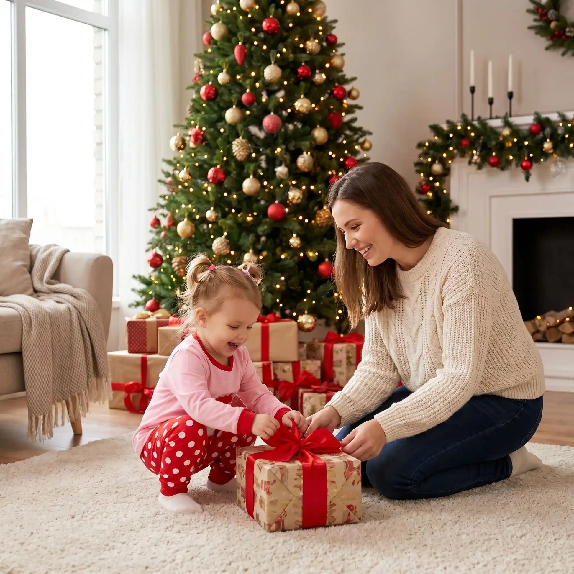 petite fille qui ouvre son cadeau dans son pyjama de noel bebe fille en coton père noël