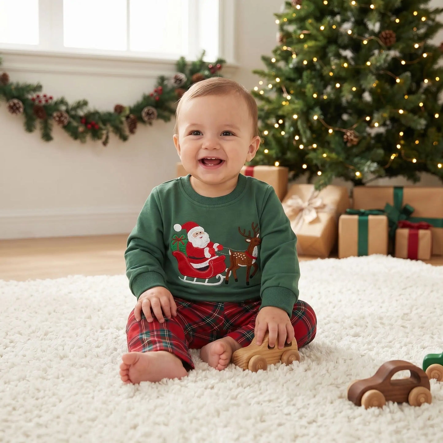 bébé qui sourit assis sur un tapis blanc moelleux avec un pyjama de noël pour bébé ensemble de deux pièces avec un motif de père noël et un renne 