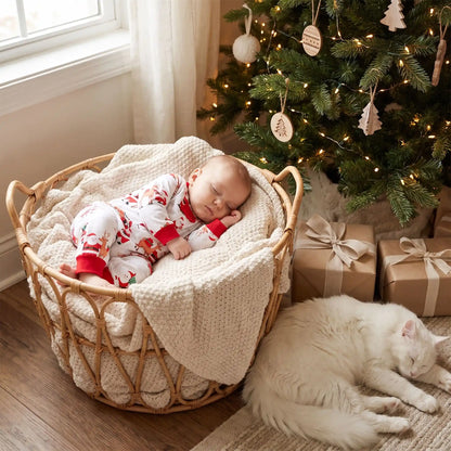 Bébé endormi dans un panier en osier au pied du sapin de Noël, portant un pyjama blanc assorti à motif Père Noël aux côtés d'un chat blanc
