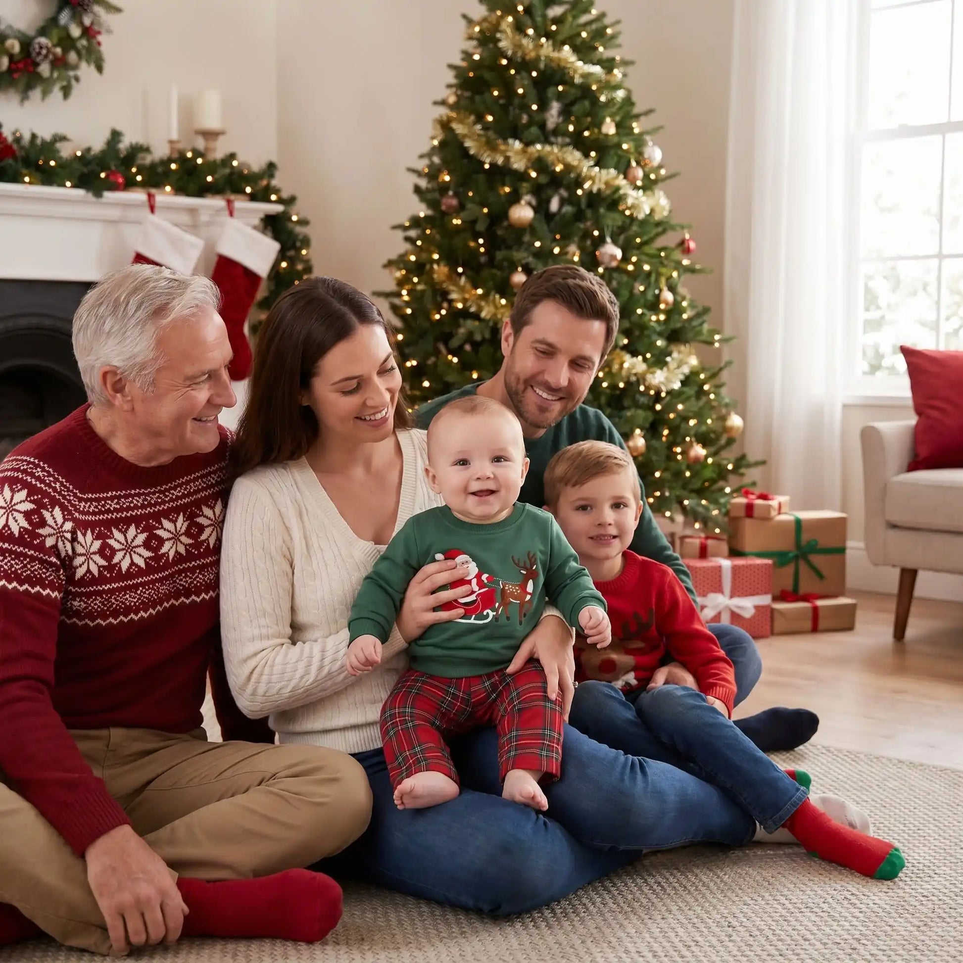 famille réunie assis sur la moquette avec un bébé habillé d'un pyjama de noël bébé garçon composé d'un pull vert au motif père noël et un pantalon rouge écossais assis sur les genoux de sa maman